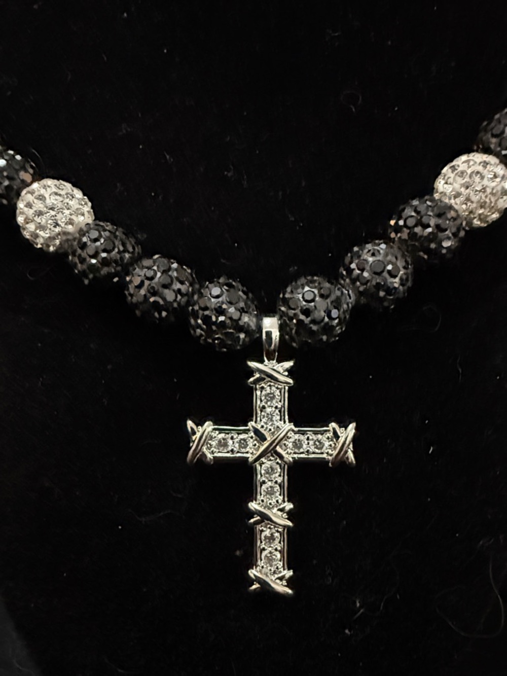 Stainless steel Cross Pendant Necklace with Black and‎ White Crystal Beads
